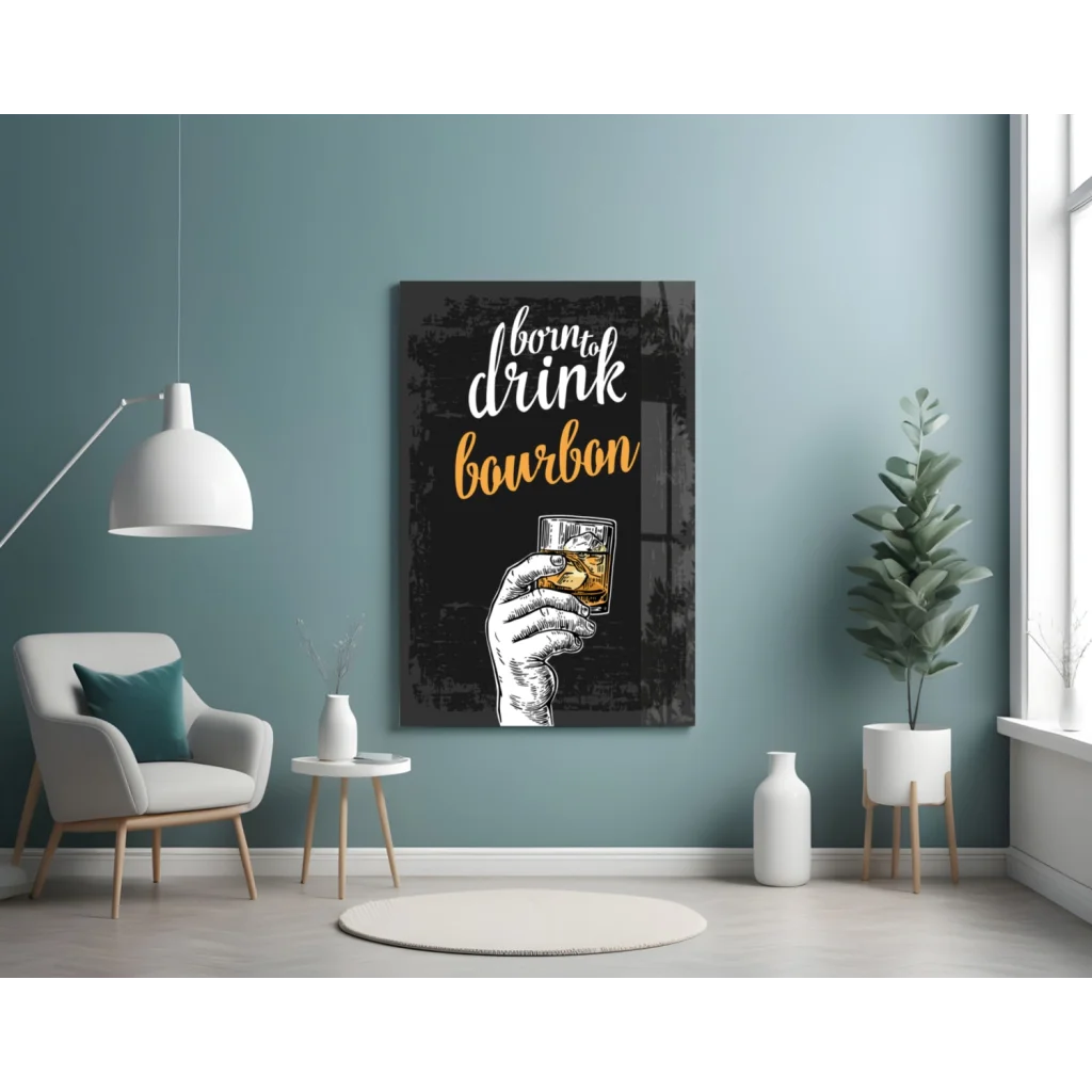 Black canvas glass wall art with white hand holding bourbon glass and Born to Drink Bourbon text