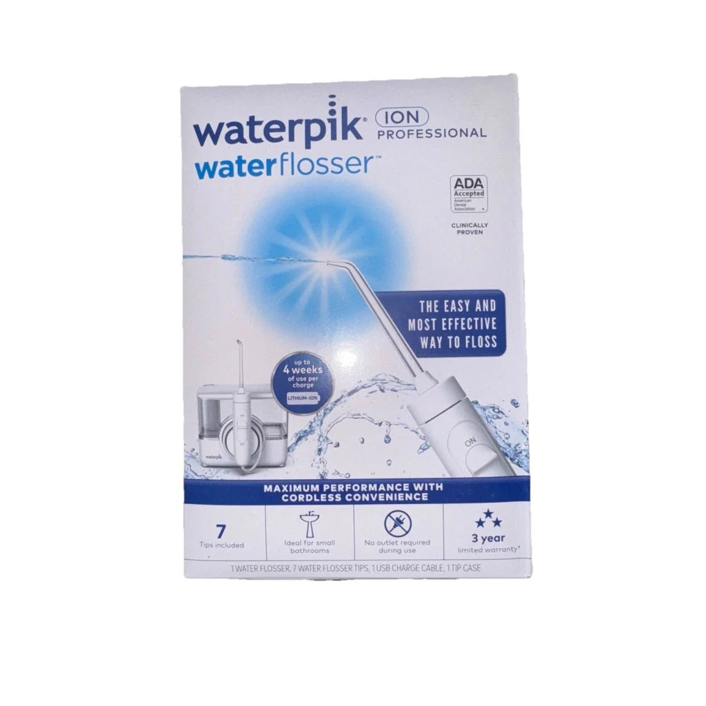 Boxed Waterpik Water Flosser Platinum WP-100W PLT white blue box