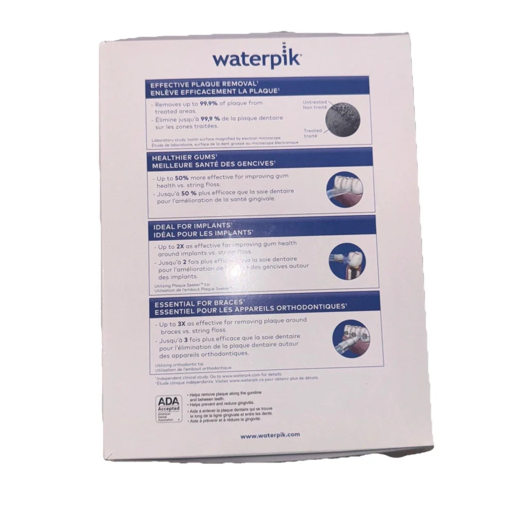 Boxed Waterpik Water Flosser Platinum WP-100W PLT white box back