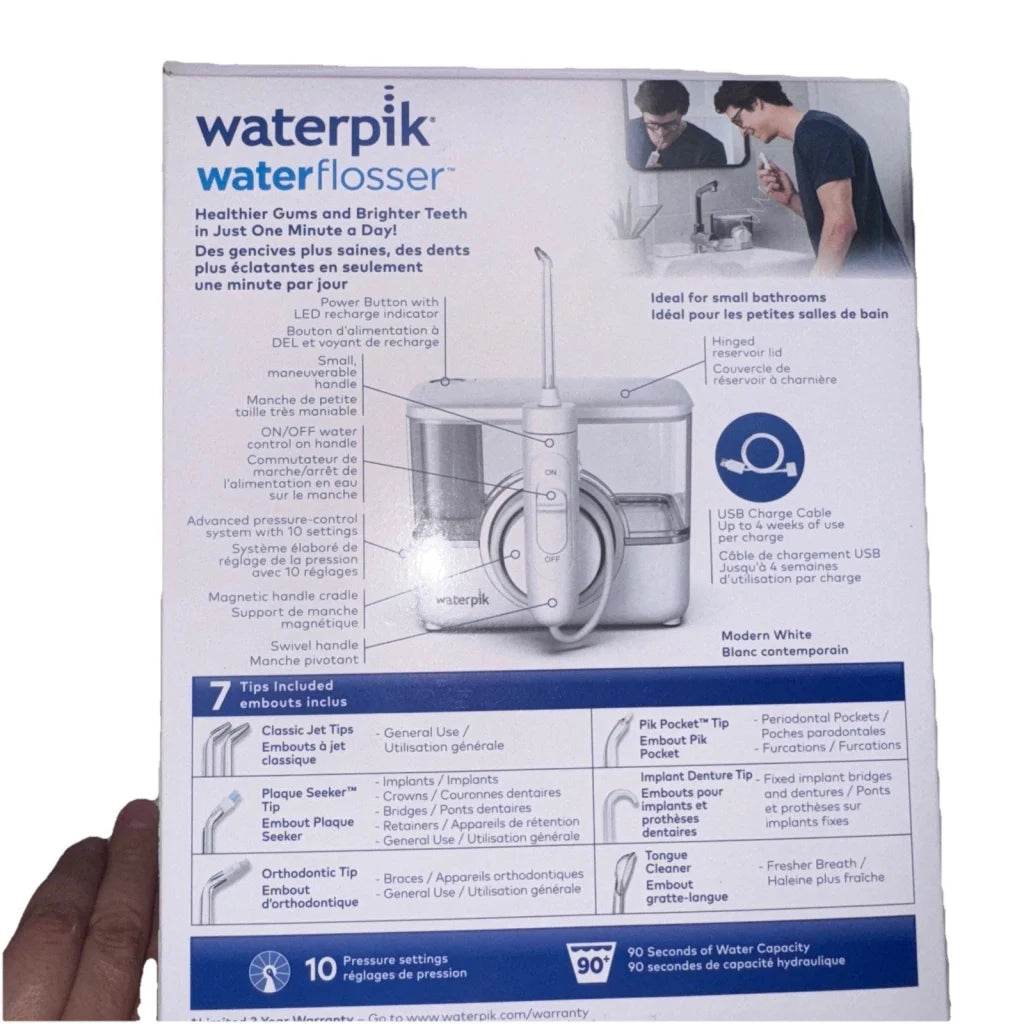 Boxed Waterpik water flosser platinum WP-100W PLT white sleek design