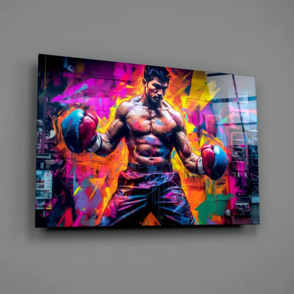 Explosive neon boxing fighter glass wall art with vibrant pink, yellow, orange splashes