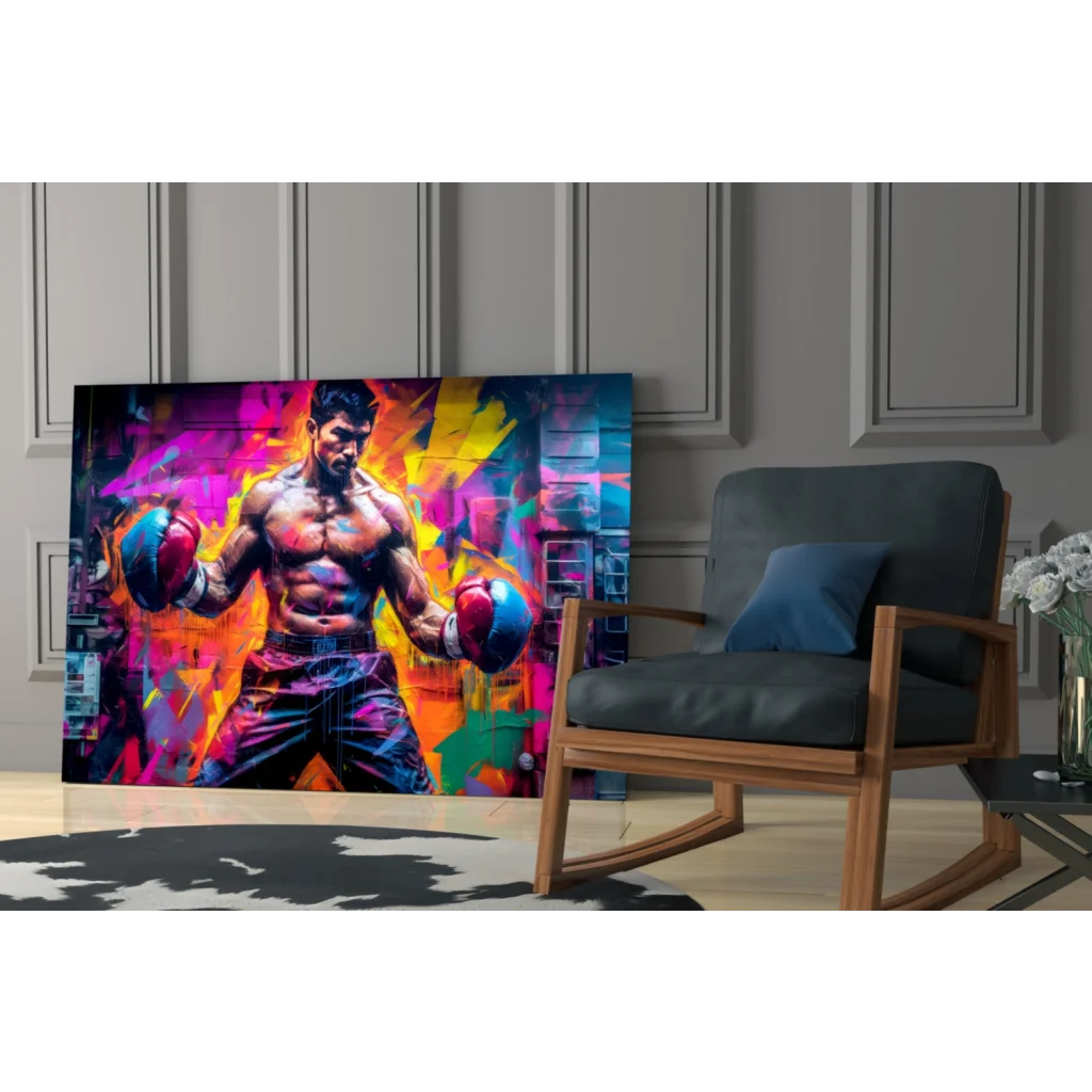 Vibrant neon boxing fighter glass wall art canvas print