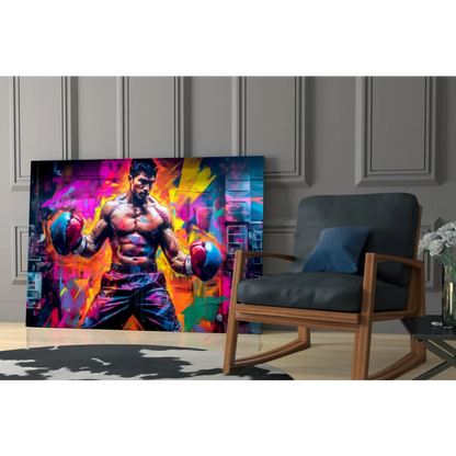 Vibrant neon boxing fighter glass wall art canvas print