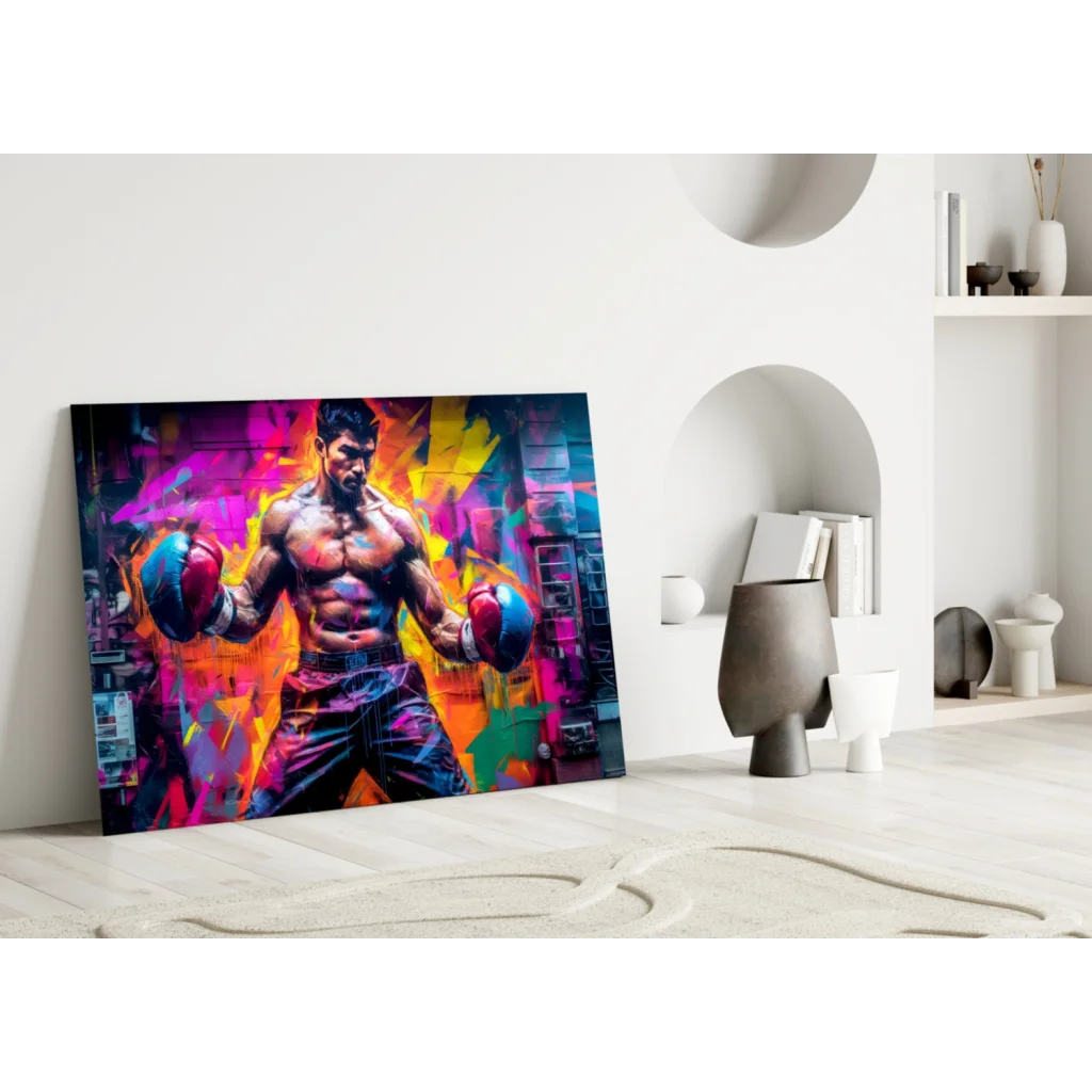Vibrant neon boxing fighter glass wall art canvas print