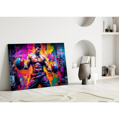 Vibrant neon boxing fighter glass wall art canvas print
