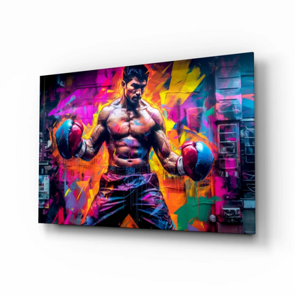Vibrant neon boxer in red blue gloves on explosive glass wall art canvas print