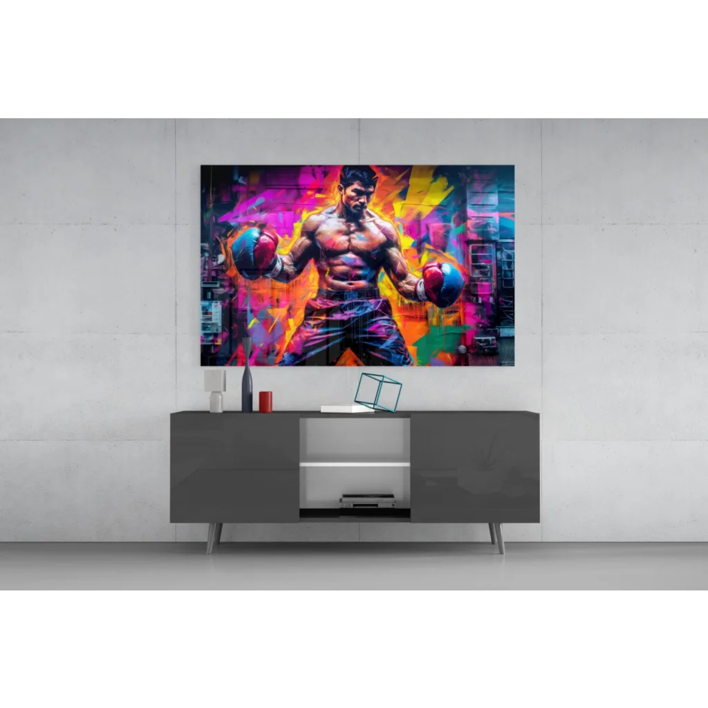 Vibrant neon boxing fighter glass wall art canvas print