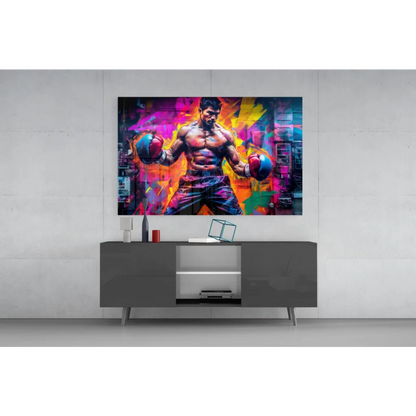 Vibrant neon boxing fighter glass wall art canvas print