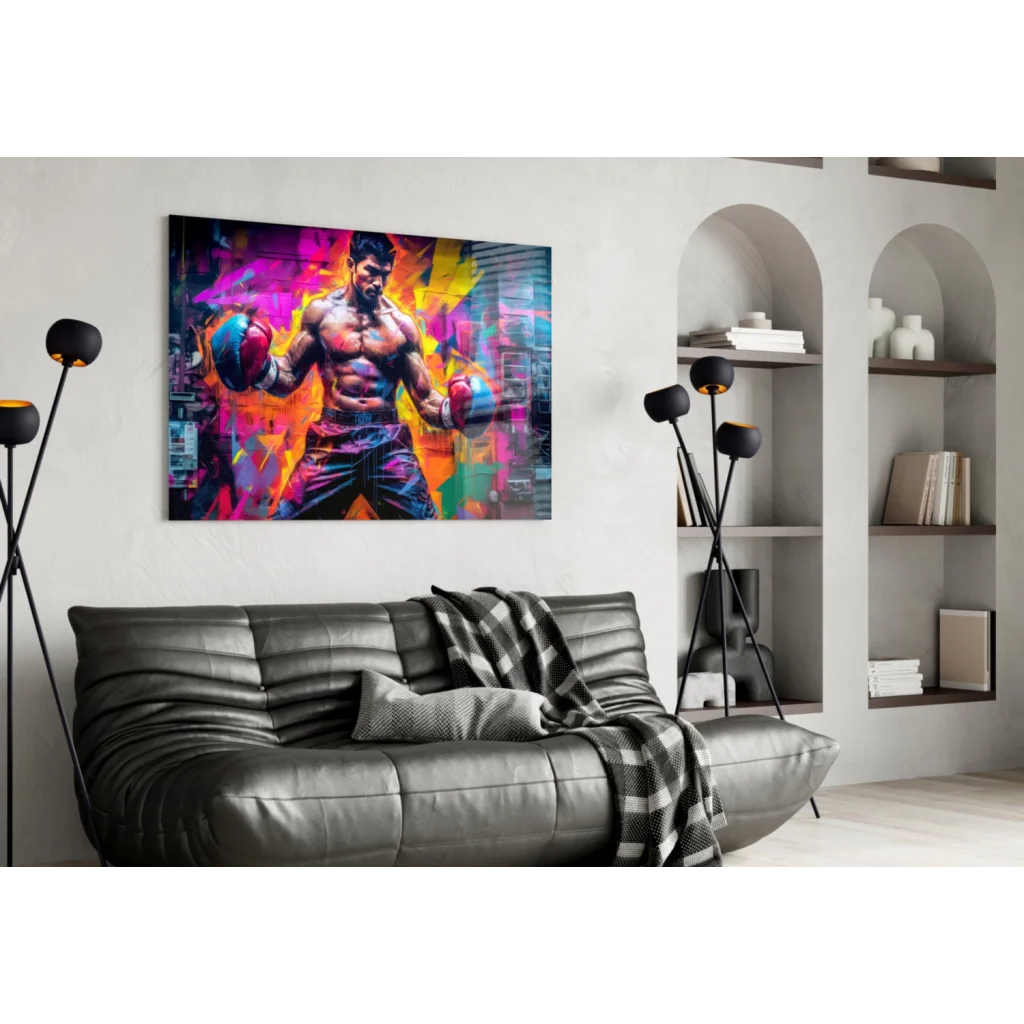 Vibrant neon boxing fighter glass wall art canvas print