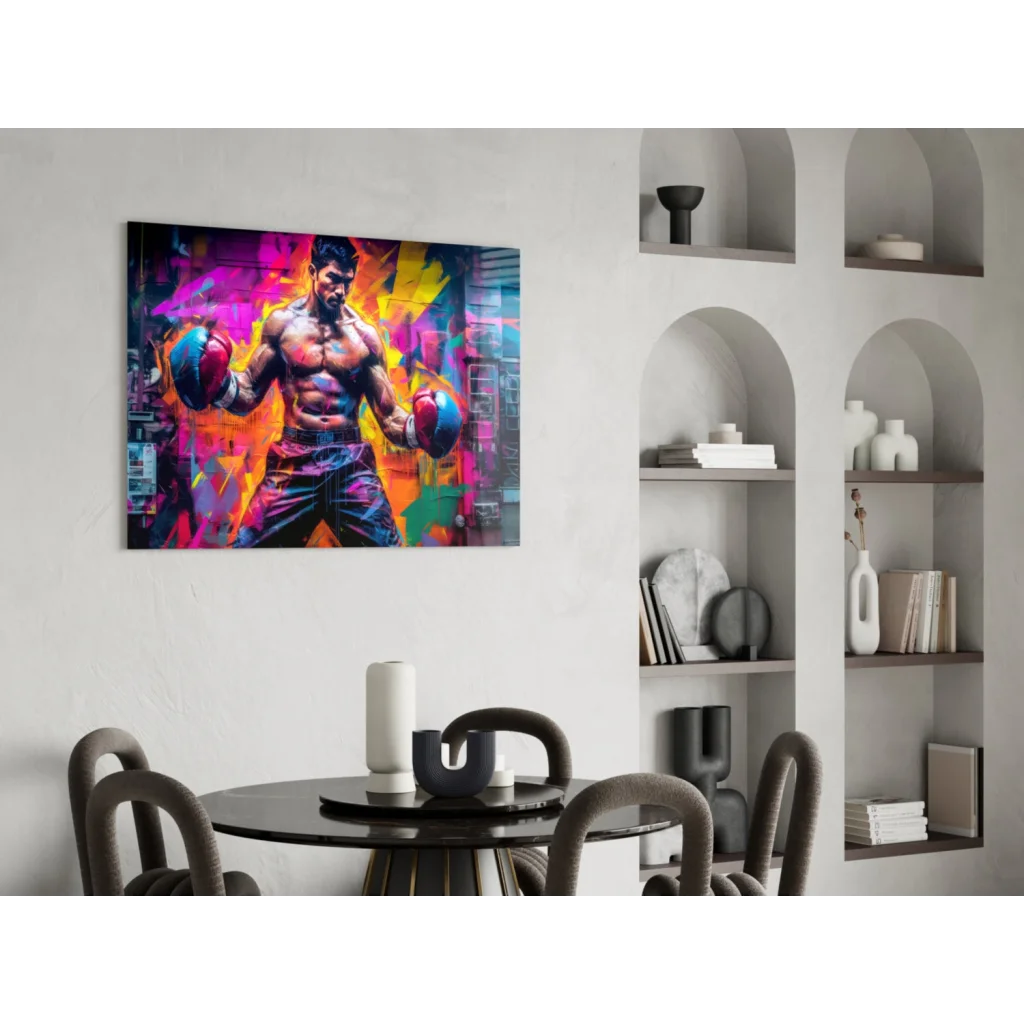 Vibrant neon boxing fighter glass wall art canvas print