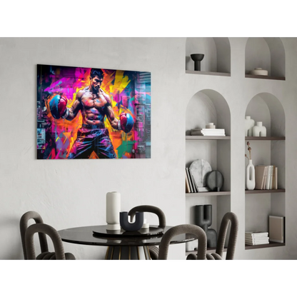 Vibrant neon boxing fighter glass wall art canvas print