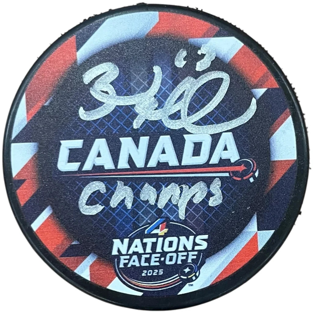 Brad Marchand autographed Team Canada nations hockey puck with Champs