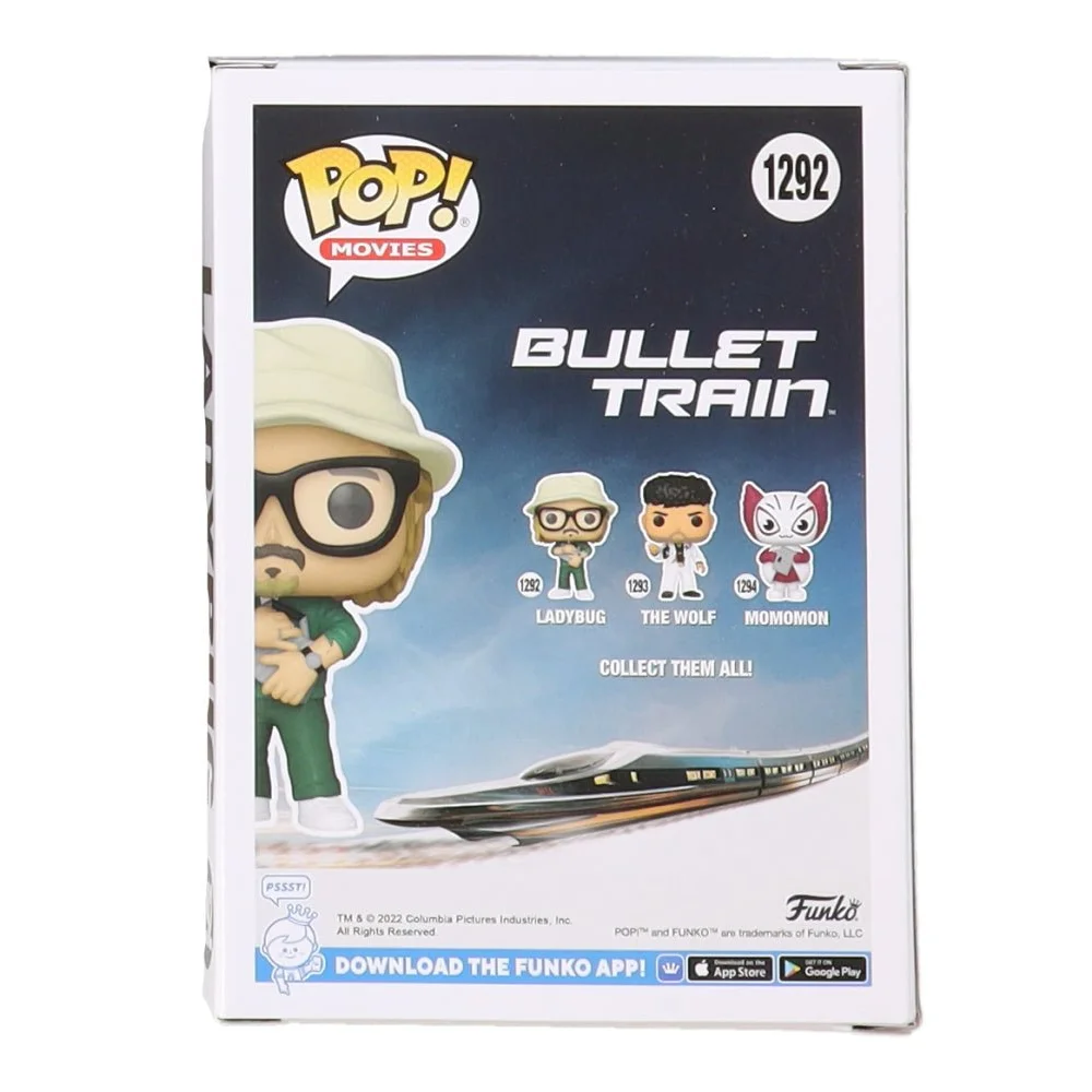 Back of a Funko Pop Movies Bullet Train box with character designs, featuring Brad Pitt signed collectible