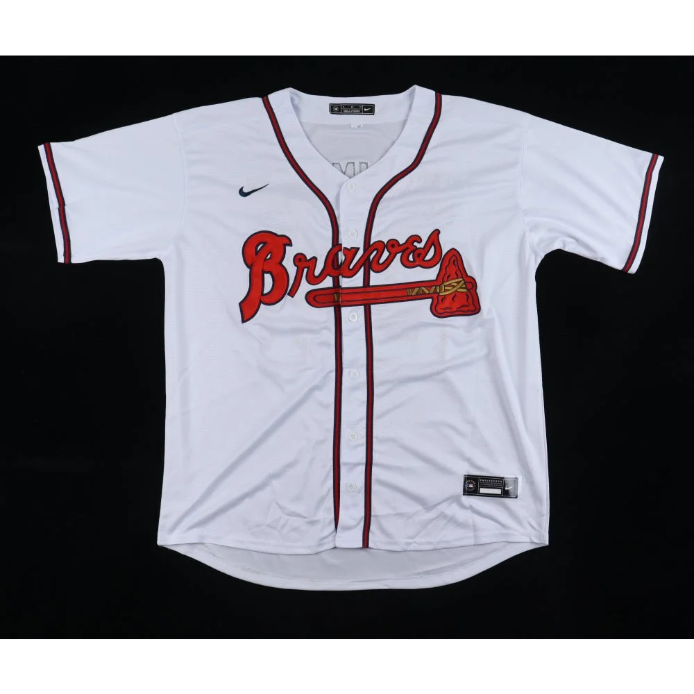 White Braves jersey with red trim and Braves script, perfect for Braden Shewmake signed collection