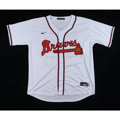 White Braves jersey with red trim and Braves script, perfect for Braden Shewmake signed collection