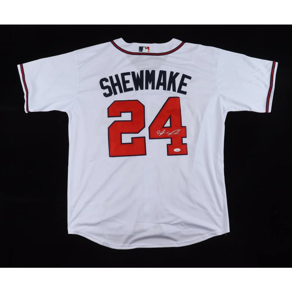 White Braden Shewmake signed jersey with red and blue trim and Shewmake 24 number