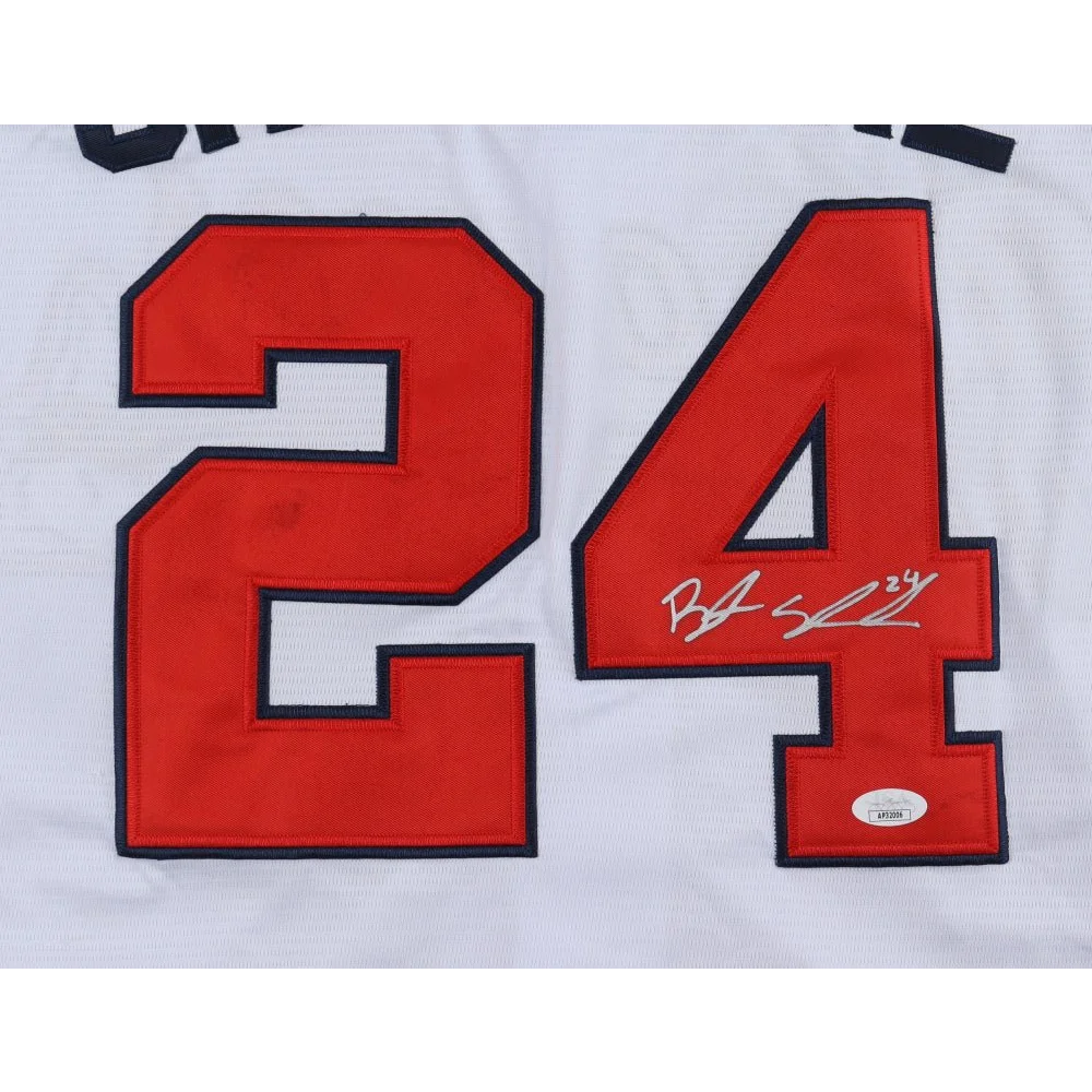 White sports jersey with red and blue number 24, Braden Shewmake signed collectible
