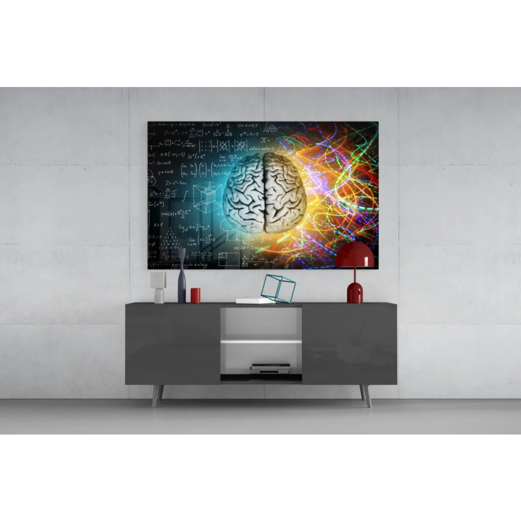 Vibrant brain science glass wall art with neon neural pathways
