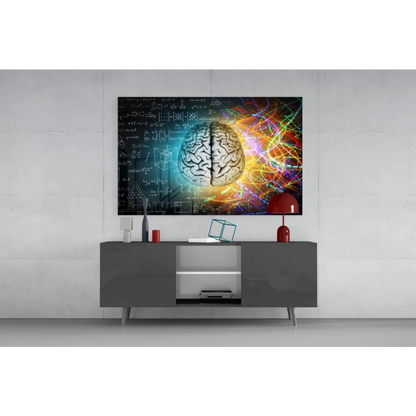 Vibrant brain science glass wall art with neon neural pathways