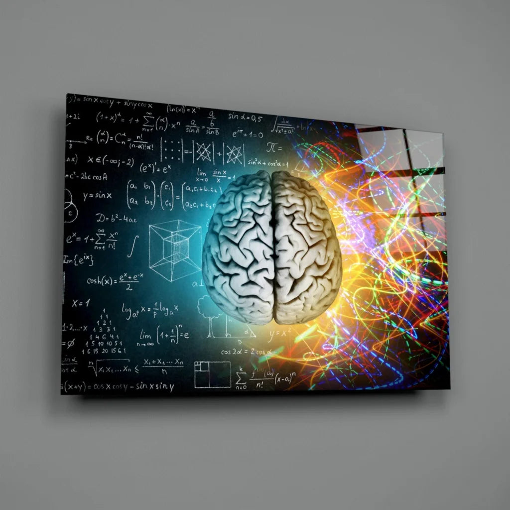 Split-brain glass wall art with neon neural pathways and math equations