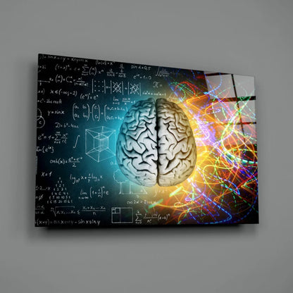 Split-brain glass wall art with neon neural pathways and math equations