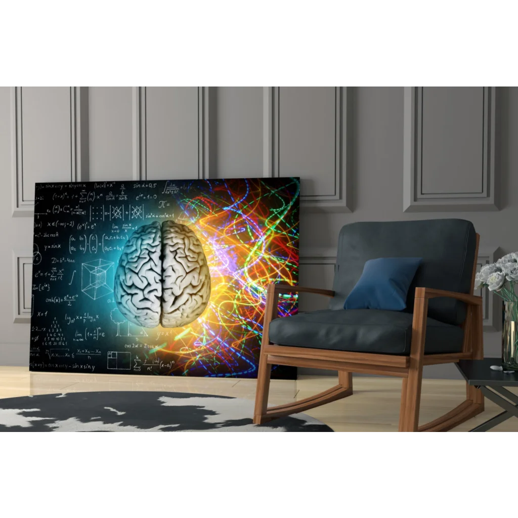 Vibrant Brain Science glass wall art with neon neural pathways in blue and gold hues
