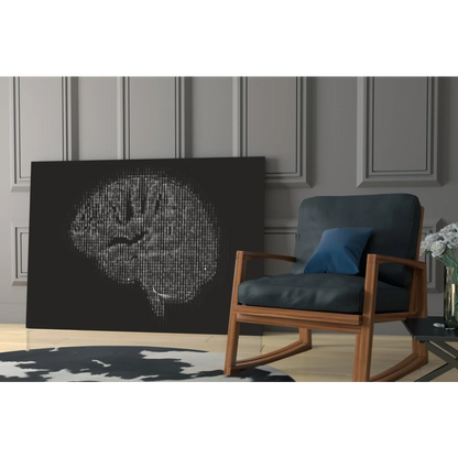 Black binary brain wall art canvas in striking white text on black