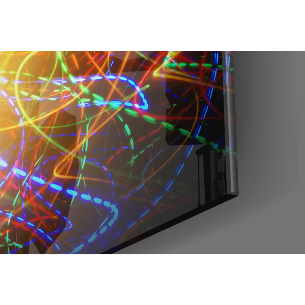 Sleek Brain Science glass wall art with neon neural pathways in vibrant colors