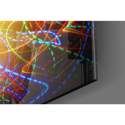 Sleek Brain Science glass wall art with neon neural pathways in vibrant colors