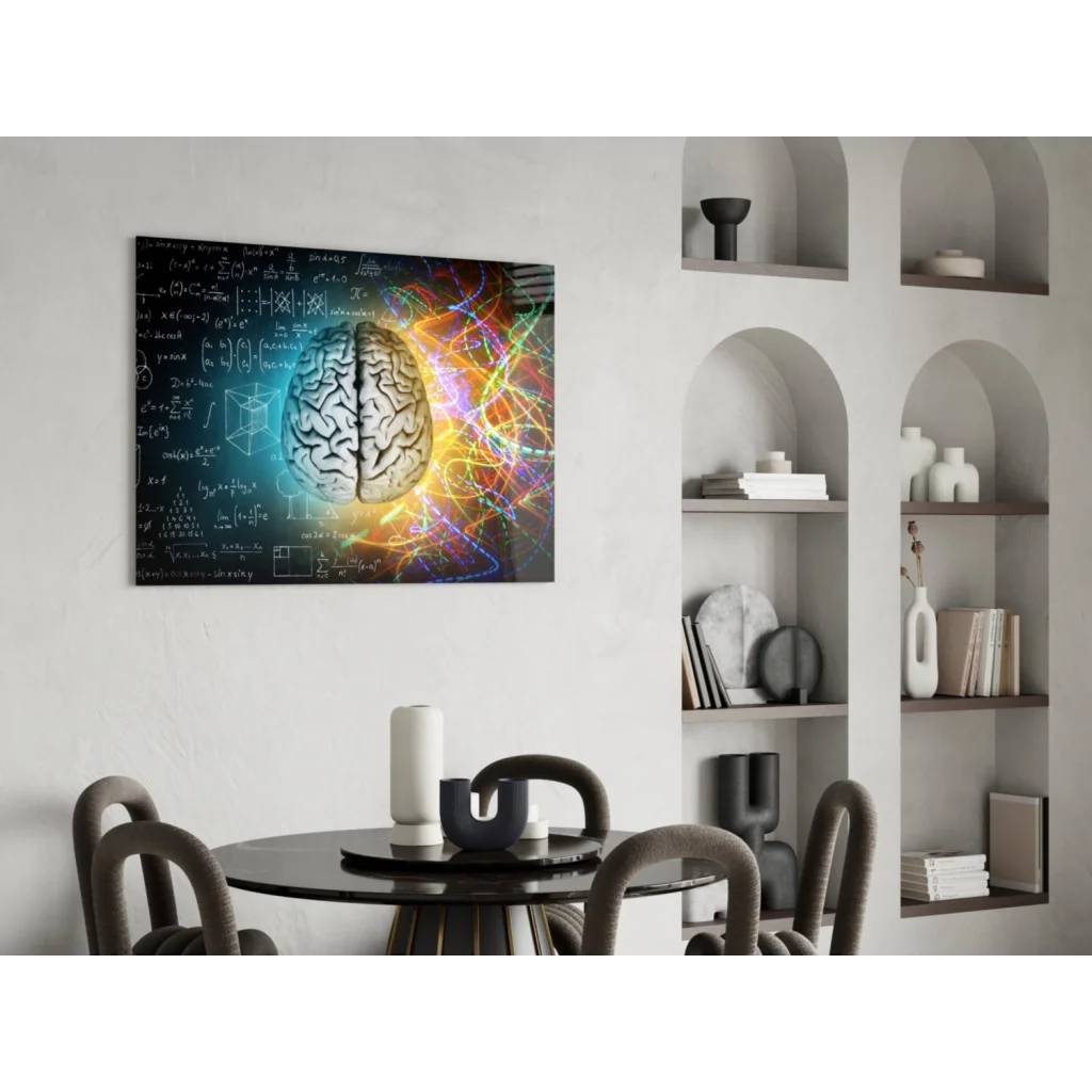 Vibrant brain glass wall art with neon neural pathways in blue and orange