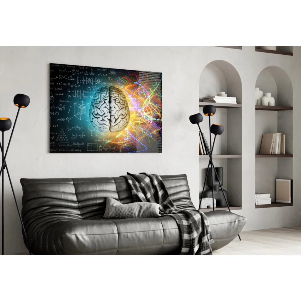 Vibrant glass wall art of abstract brain with glowing equations