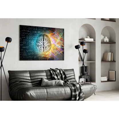 Vibrant glass wall art of abstract brain with glowing equations