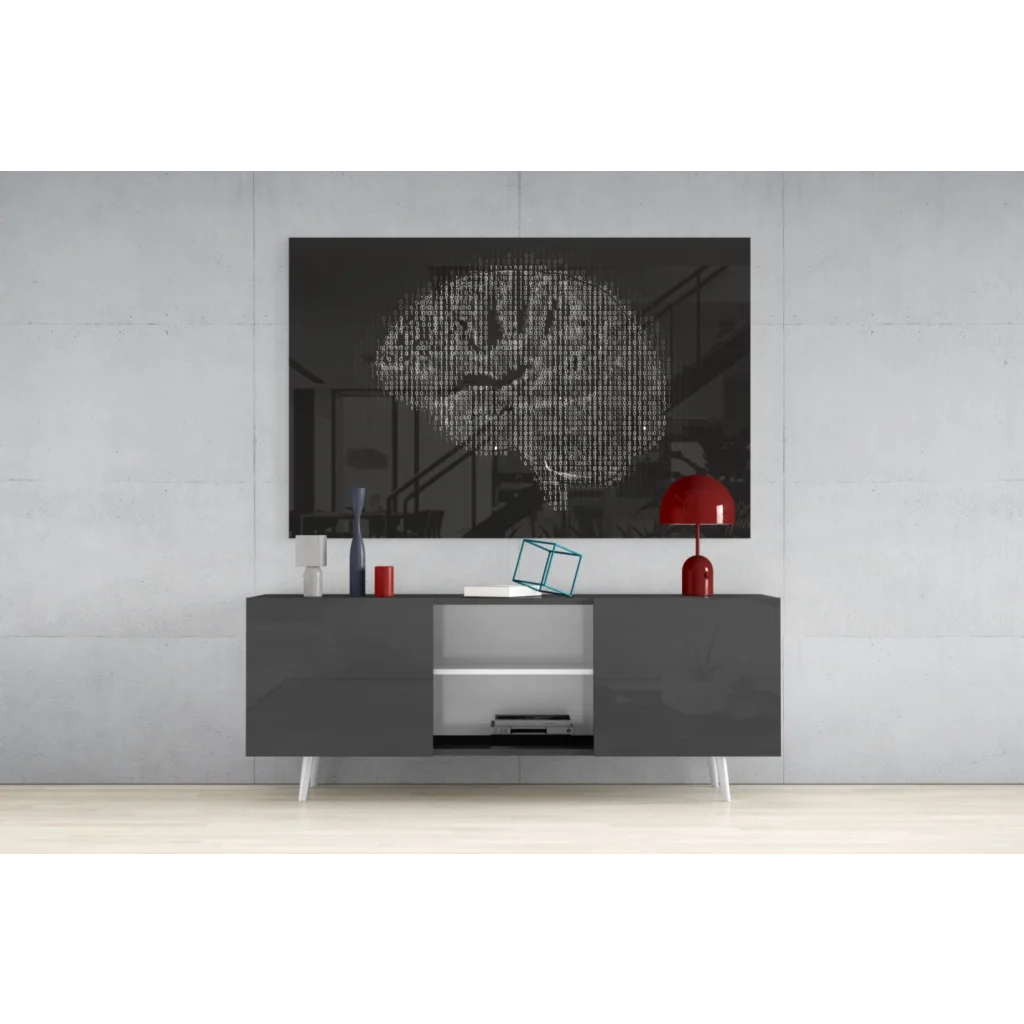 Modern gray sideboard with white legs under Binary Brain wall art