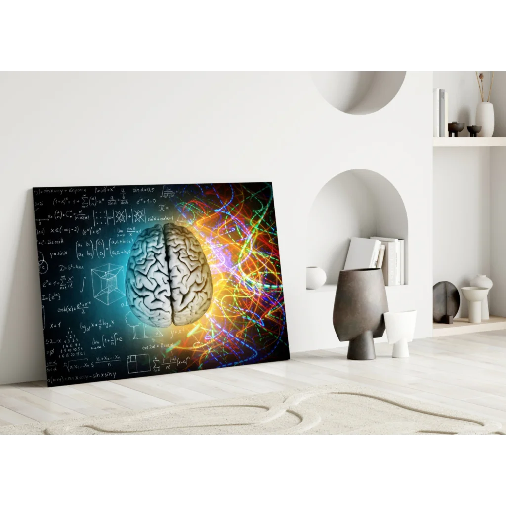 Vibrant glass wall art of anatomically accurate brain with neon neural pathways
