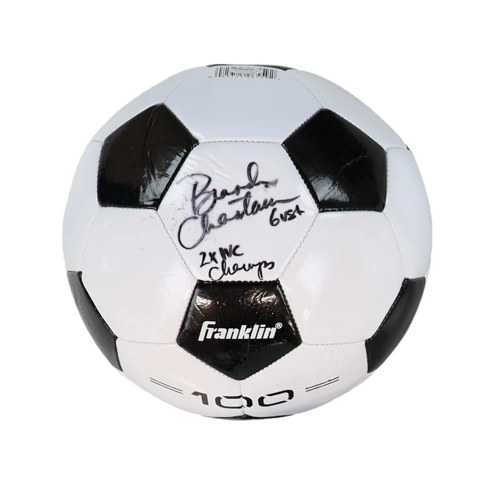 Brandi Chastain signed Franklin soccer ball with black and white design and autograph