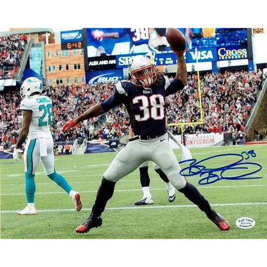 Brandon Bolden Patriots autographed 8x10 photo of him in navy blue uniform holding football