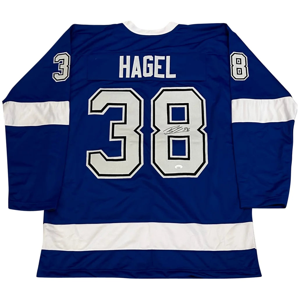 Brandon Hagel signed Tampa Bay hockey jersey number 38 blue white
