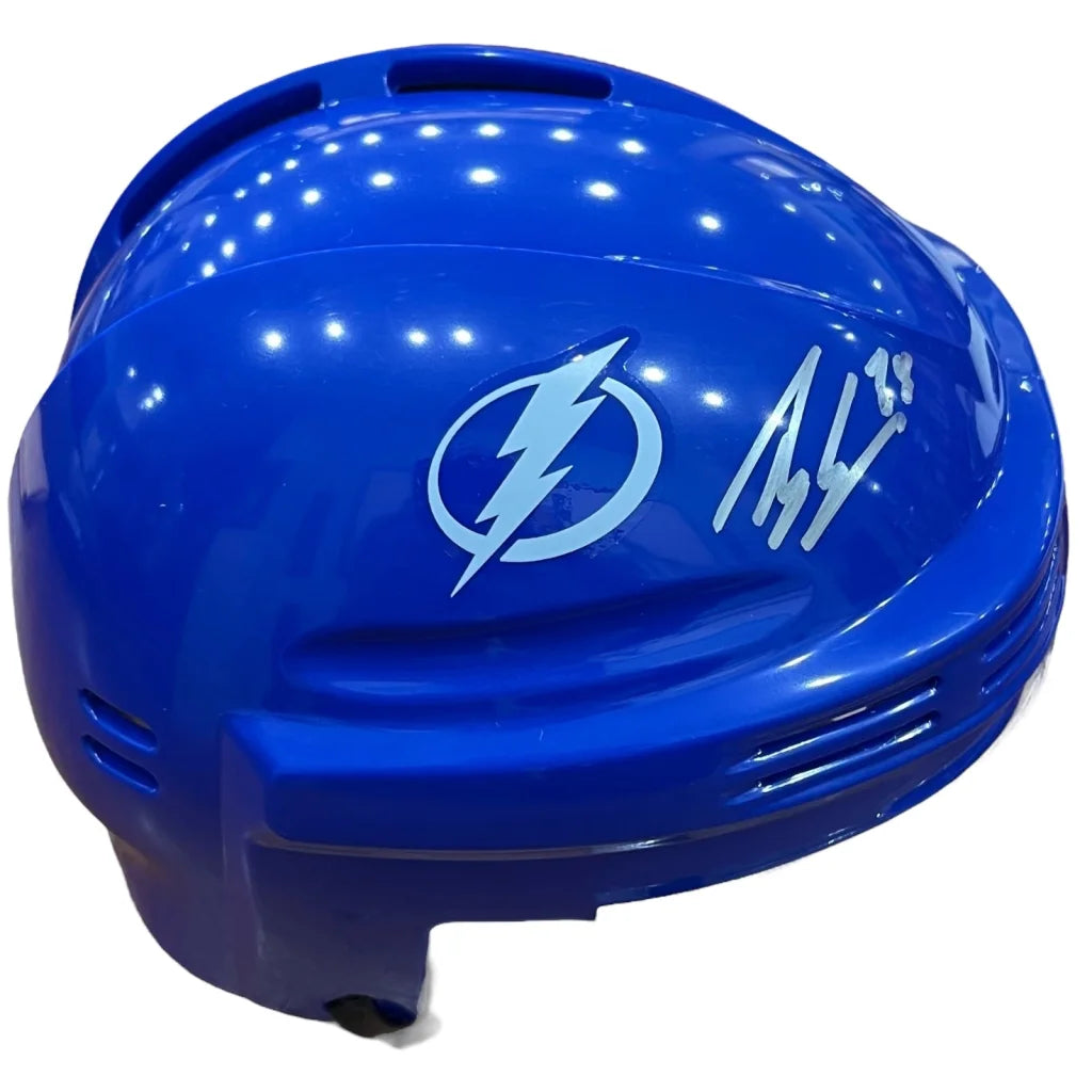 Brandon Hagel autographed Tampa Bay mini helmet with blue lightning bolt
