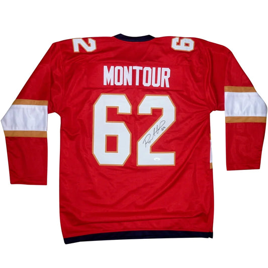 Red custom hockey jersey with white and gold lettering featuring brandon montour autographed name montour and number 62