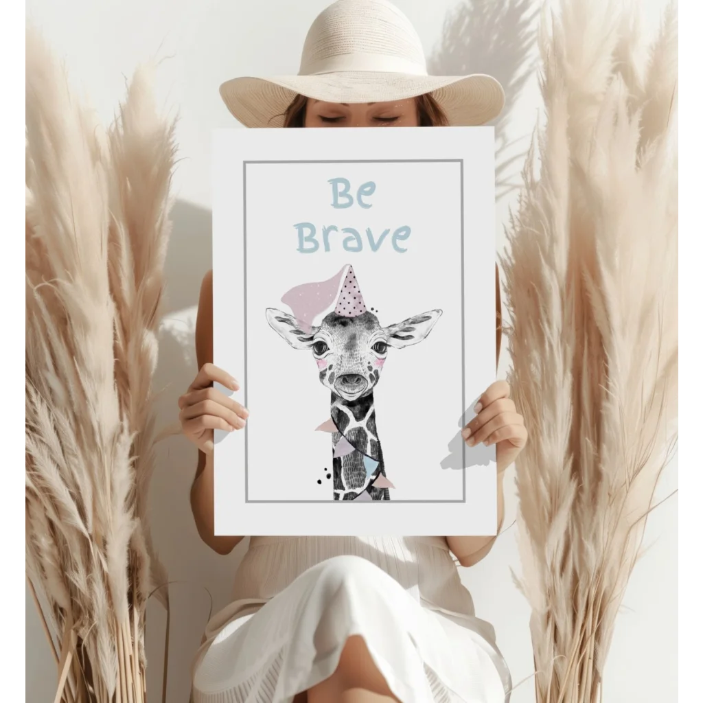 Be Brave Giraffe insigne aluminum print with pink polka-dot hat