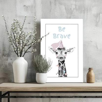 Be brave giraffe insigne aluminum print with pink polka-dot hat