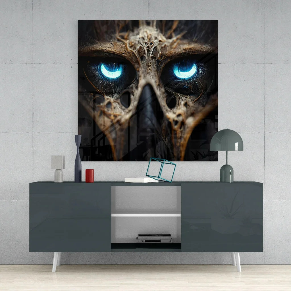 Glowing Skull Glass Wall Art with Haunting Blue Eyes | Contemporary Home Wall Art | vintageantiquesgifts.com