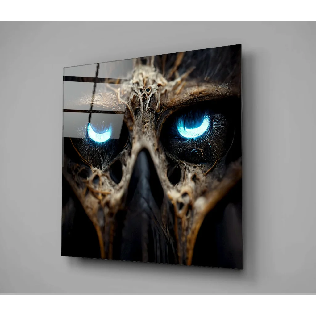 Glowing Skull Glass Wall Art with Haunting Blue Eyes | Glass Wall Art Print | vintageantiquesgifts.com