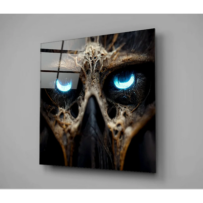 Glowing Skull Glass Wall Art with Haunting Blue Eyes | Glass Wall Art Print | vintageantiquesgifts.com