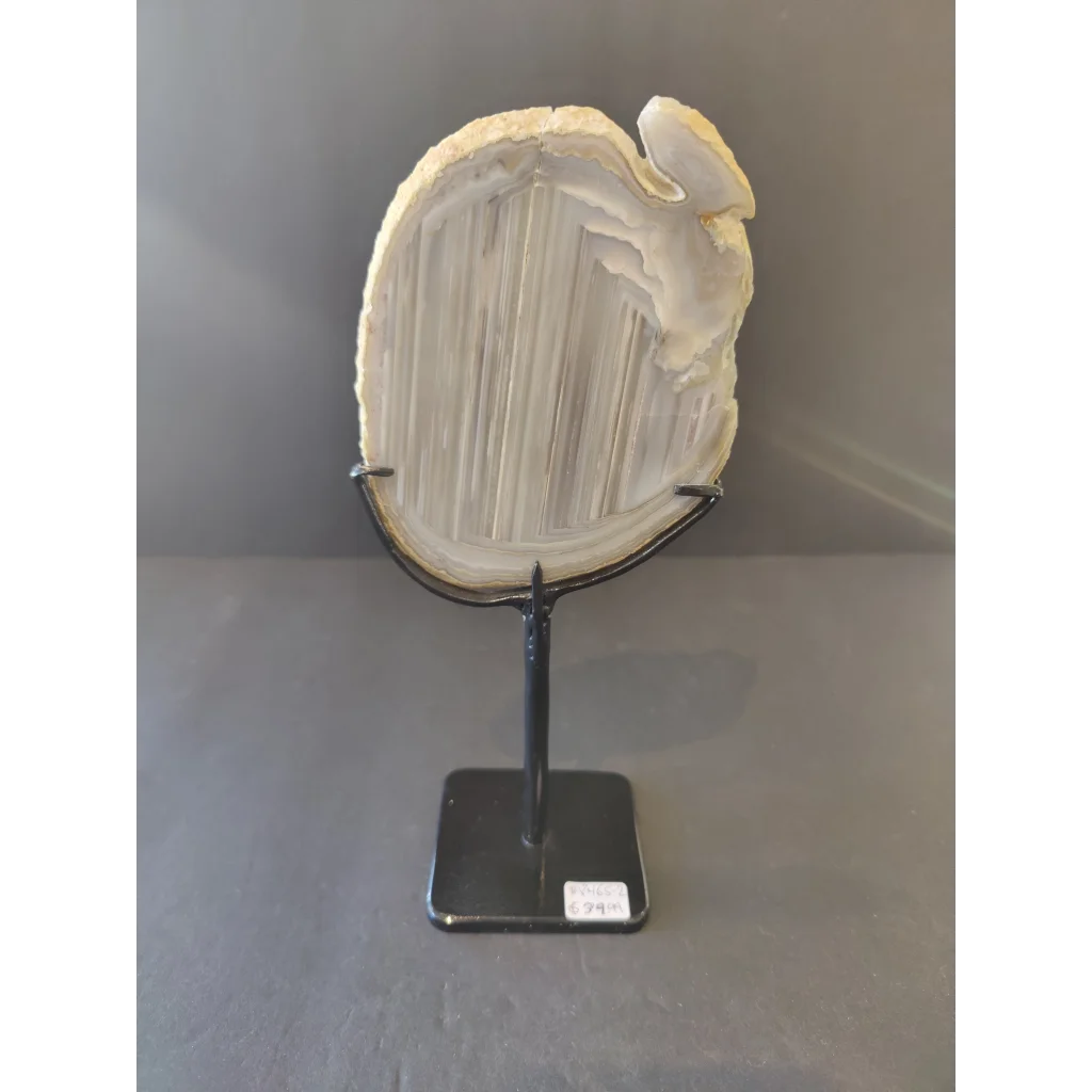 Polished Brazilian agate slice on metal display stand