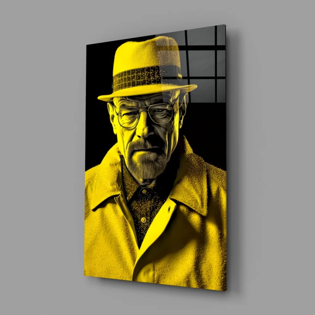 Yellow and black Breaking Bad pop art wall art portrait of man in glasses, hat, coat, scarf