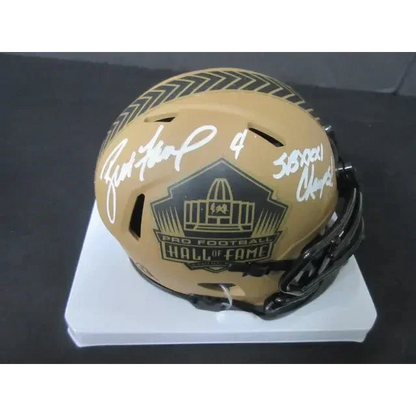 Gold football helmet with autographs, Brett Favre signed mini helmet with COA