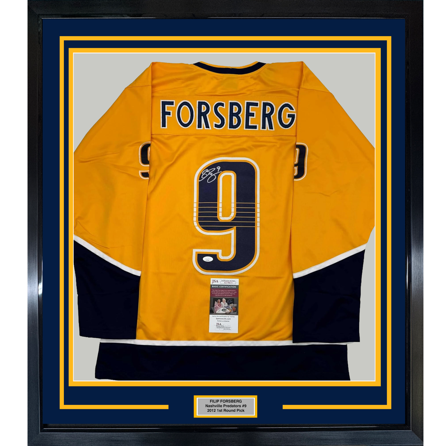 Framed yellow hockey jersey number 9 with "FORSBERG" nameplate, signed, displayed front-facing with JSA certification label and blue and gold borders.