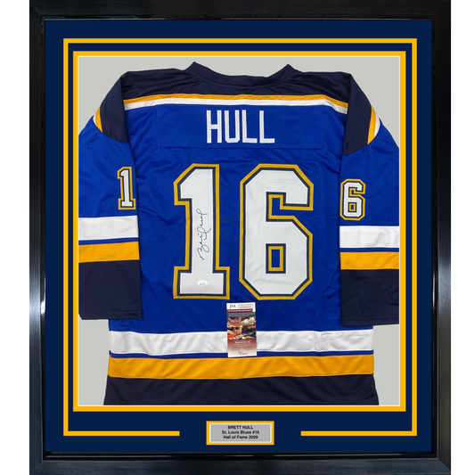 Framed Autographed/Signed Brett Hull 35x39 St. Louis Blue White Numbers Hockey Jersey JSA COA