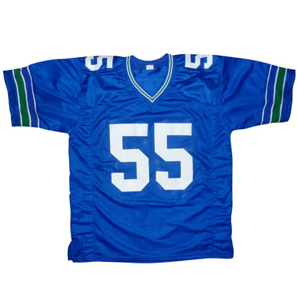 Brian Bosworth signed custom jersey with blue design, white 55 and green accents